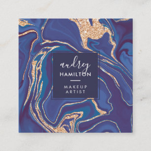 Tarjeta De Visita Cuadrada purpurina de rosa dorado de mármol azul marino mod