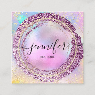 Tarjeta De Visita Cuadrada Purpurina de Tienda Boutique Profesional Holograma