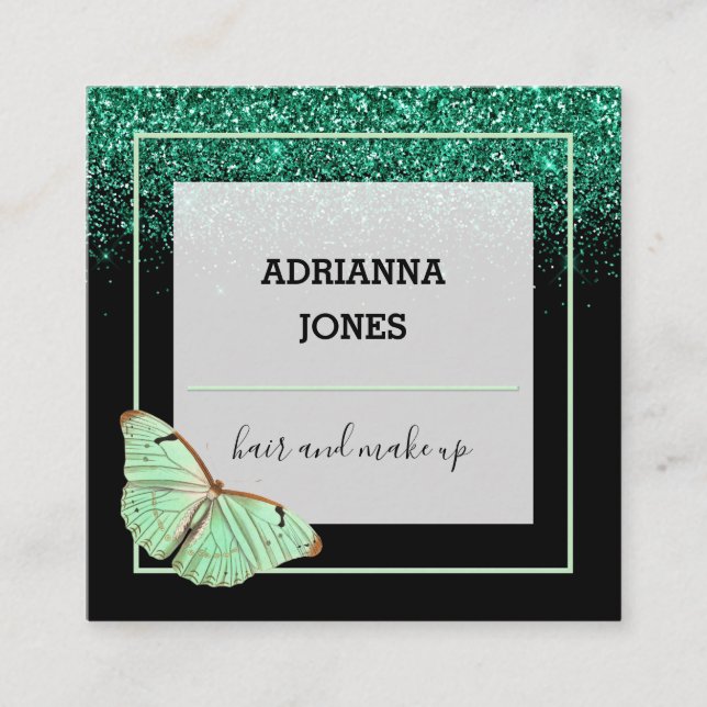 Tarjeta De Visita Cuadrada Purpurina de Tienda Boutique Profesional Mariposa (Anverso)