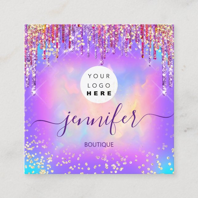 Tarjeta De Visita Cuadrada Purpurina de Tienda con Logo Dris Holograph VIP (Anverso)