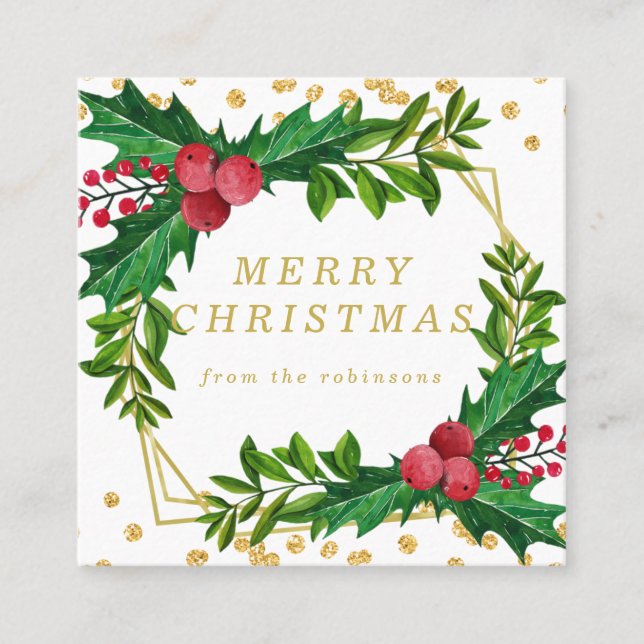 Tarjeta De Visita Cuadrada Purpurina del Holly de Navidad de la Familia Roja  (Anverso)