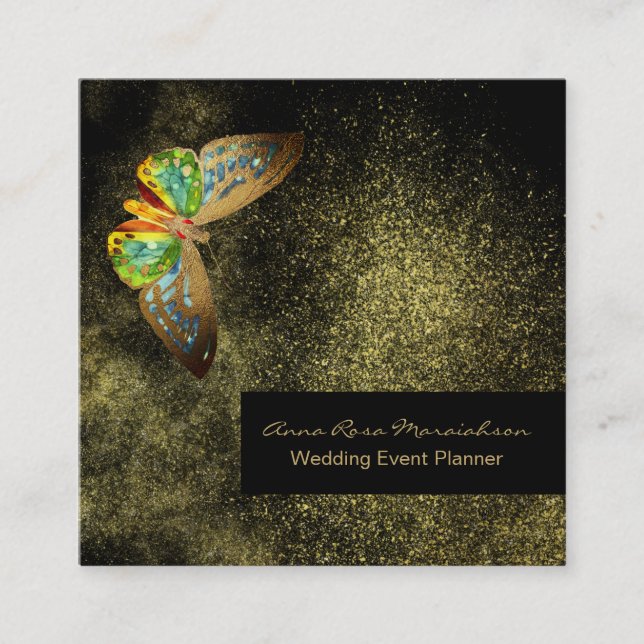 Tarjeta De Visita Cuadrada *~* Purpurina dorado mariposa dorada Moda negra (Anverso)