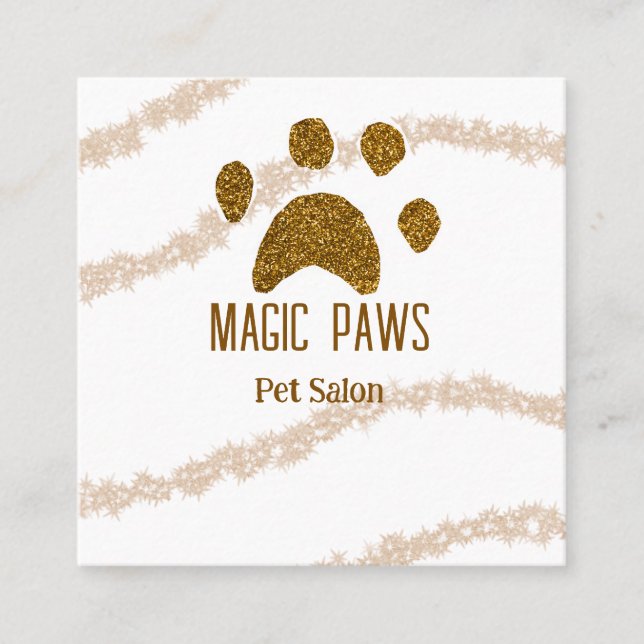 Tarjeta De Visita Cuadrada Purpurina dorado paws mascota salon añadir nombre  (Anverso)