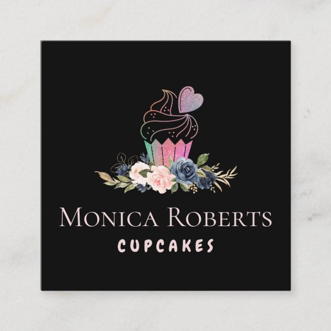 Tarjeta De Visita Cuadrada purpurina floral adorable pastelería personalizado (Anverso)