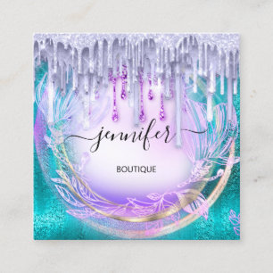 Tarjeta De Visita Cuadrada Purpurina Floral QRCode Professional Shop Drips