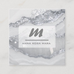 Tarjeta De Visita Cuadrada *~* Purpurina GRIS DE PLATA Glam QR Luxe Inicial A