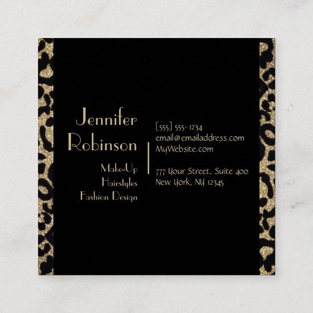 Tarjeta De Visita Cuadrada Purpurina Leopard Black and Gold Business Card (Reverso)