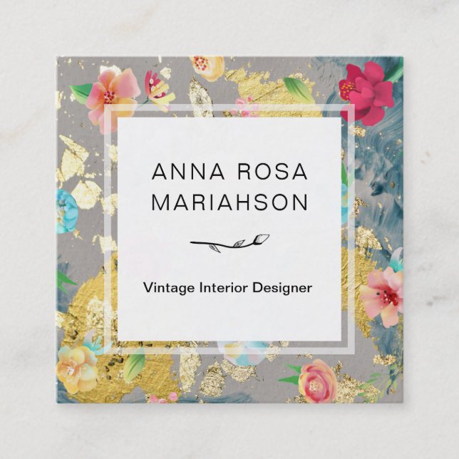 Tarjeta De Visita Cuadrada Purpurina moderno del oro del estampado de flores (Anverso)