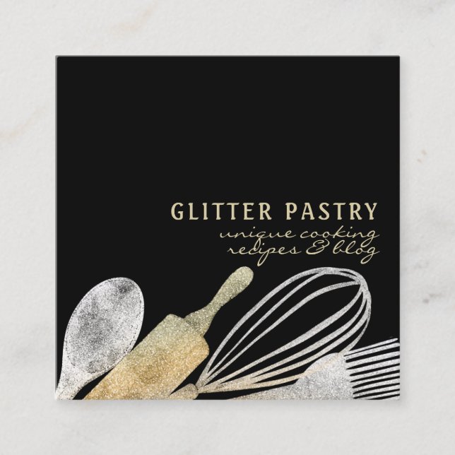 Tarjeta De Visita Cuadrada Purpurina oro plata pastelería panadería cocinero  (Anverso)