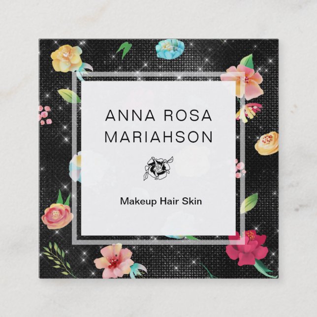 Tarjeta De Visita Cuadrada ** Purpurina plateado de patrón Rosa floral modern (Anverso)