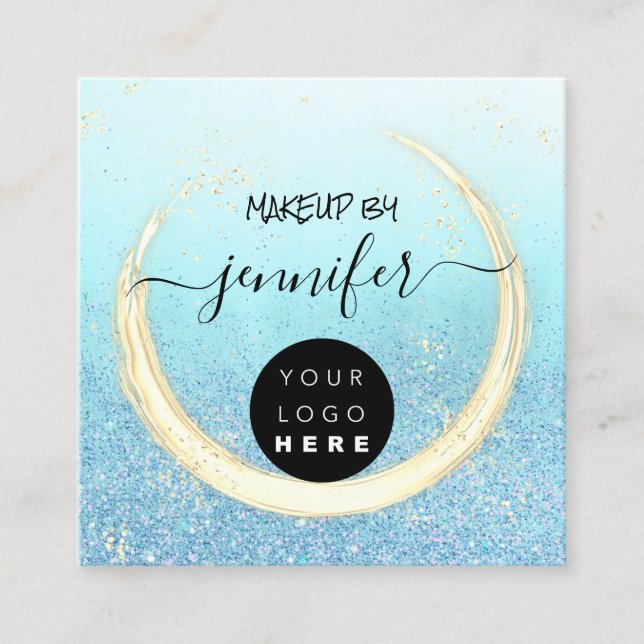 Tarjeta De Visita Cuadrada Purpurina Profesional Nails Beauty Blue Gold (Anverso)