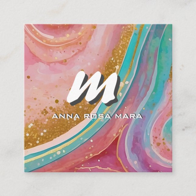 Tarjeta De Visita Cuadrada *~* Purpurina QR Geode de mármol abstracto moderno (Anverso)