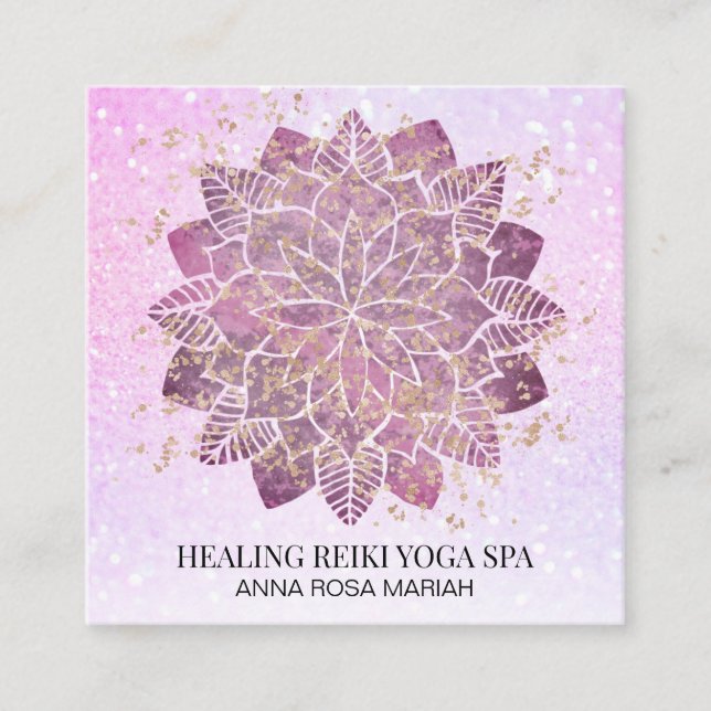 Tarjeta De Visita Cuadrada *~* Purpurina rosa dorado yoga espiritual Reiki Ma (Anverso)