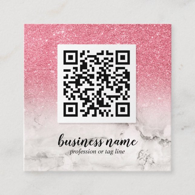 Tarjeta De Visita Cuadrada Purpurina rosa Ombre Cursiva CÓDIGO QR icono socia (Anverso)