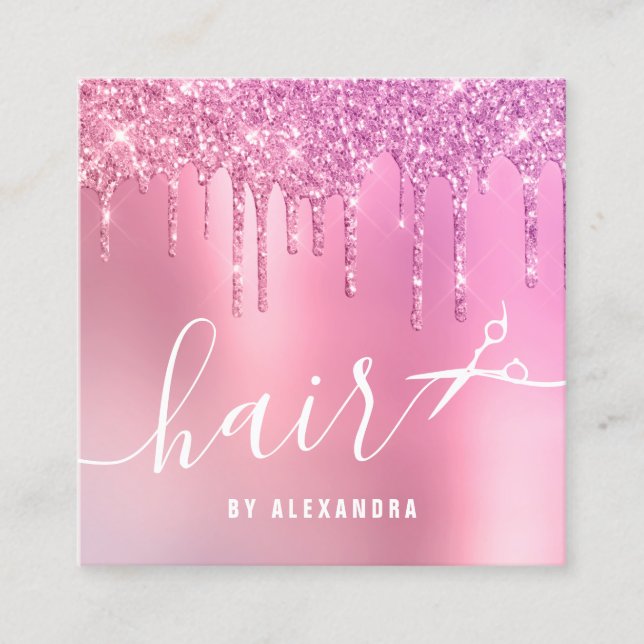 Tarjeta De Visita Cuadrada purpurina rosa rosado estilizado goteo tijeras pel (Anverso)