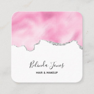 Tarjeta De Visita Cuadrada Purpurina Rosa y Plata Faux Borde elegante