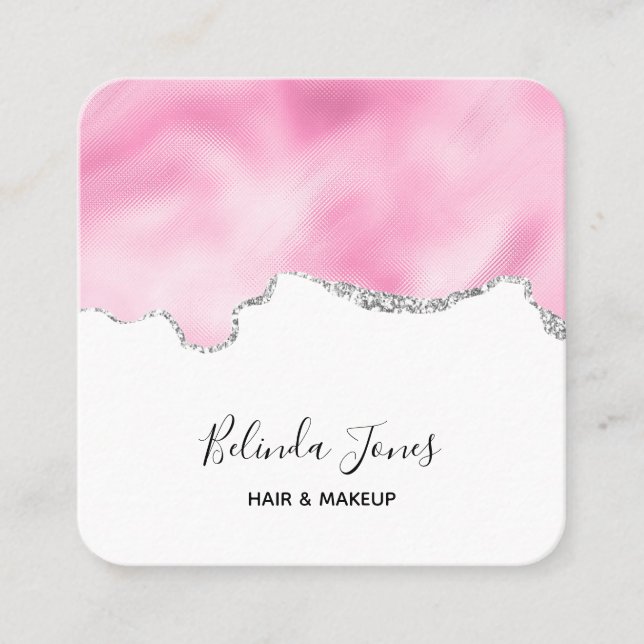 Tarjeta De Visita Cuadrada Purpurina Rosa y Plata Faux Borde elegante (Anverso)