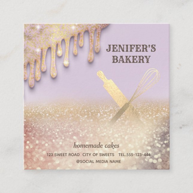 Tarjeta De Visita Cuadrada Purpurinoso de la panadería del chef del whisky de (Anverso)