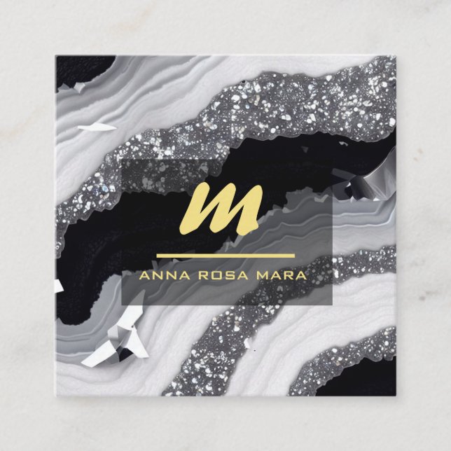 Tarjeta De Visita Cuadrada *~* QR Agata Negro Blanco Dorado Brillo Inicial AP (Anverso)