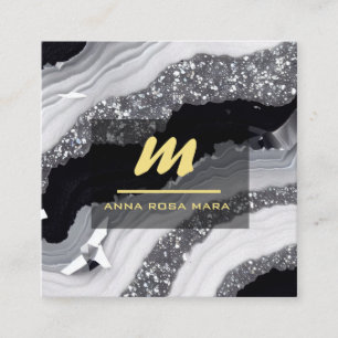 Tarjeta De Visita Cuadrada *~* QR Agate Purpurina de oro blanco negro inicial