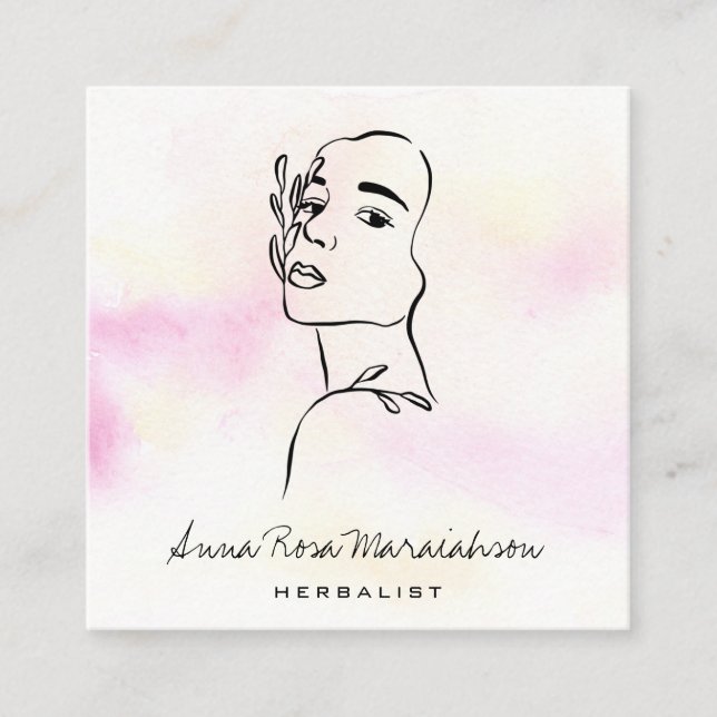 Tarjeta De Visita Cuadrada *~* QR Botánica Línea de Arte Diosa Verde (Anverso)