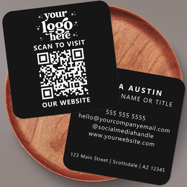 Tarjeta De Visita Cuadrada QR Code Business Logo Profesional Negro moderno (Subido por el creador)