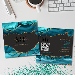Tarjeta De Visita Cuadrada QR Code Lashes Teal Turquoise Gold Agate Monogram