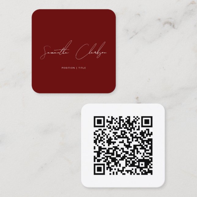 Tarjeta De Visita Cuadrada QR Code Minimalist Burgundy Handwritten Script (Anverso / Reverso)
