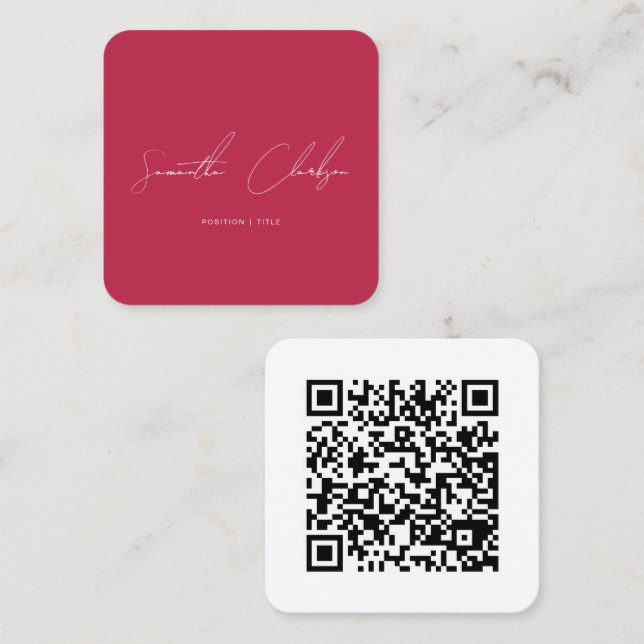 Tarjeta De Visita Cuadrada QR Code Modern Hot Pink & White Handwritten Script (Anverso / Reverso)