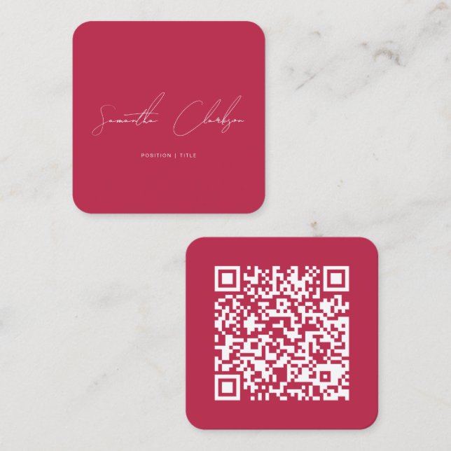 Tarjeta De Visita Cuadrada QR Code Modern Magenta Hot Pink Handwritten Script (Anverso / Reverso)