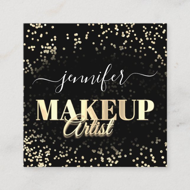 Tarjeta De Visita Cuadrada QR Código maquillaje artista oro Confetti negro (Anverso)
