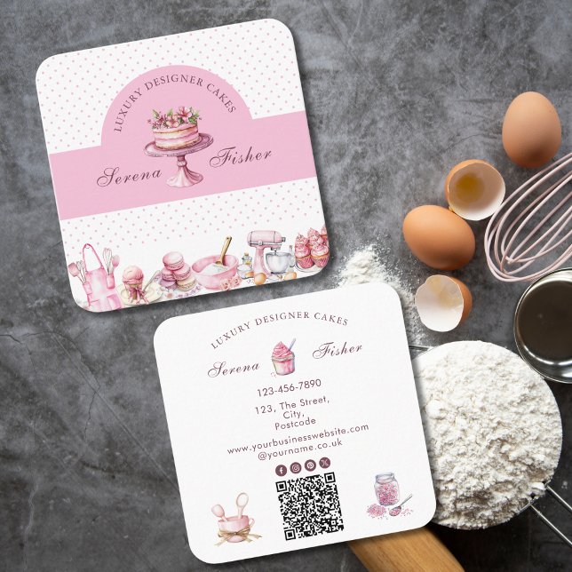 Tarjeta De Visita Cuadrada QR Código Pastel Baker Polka Moda Punto Rosa (Subido por el creador)