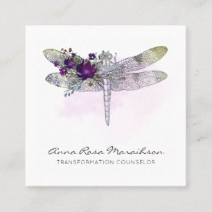 Tarjeta De Visita Cuadrada *~* QR LOGO Floral acuarela Borgoña Dragonfly
