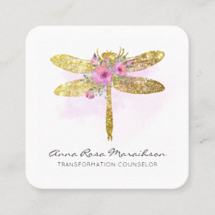 Tarjeta De Visita Cuadrada *~* QR LOGO Floral acuarela GOLD Dragonfly
