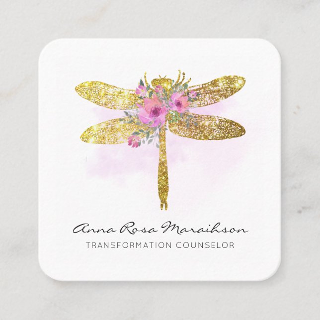 Tarjeta De Visita Cuadrada *~* QR LOGO Floral acuarela GOLD Dragonfly (Anverso)