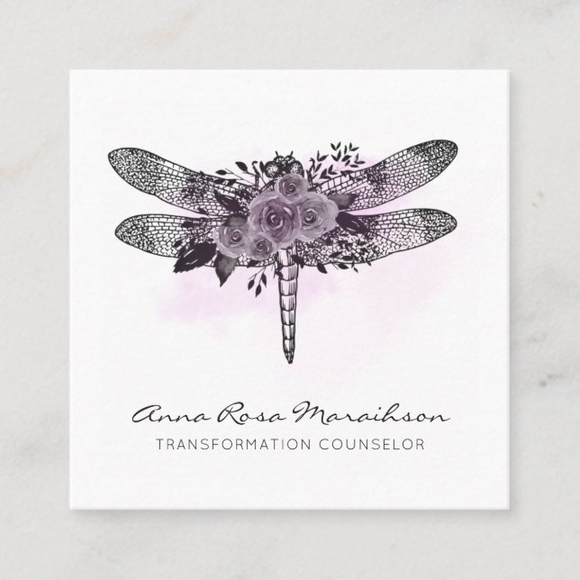 Tarjeta De Visita Cuadrada *~* QR LOGO Floral acuarela GRIS (Anverso)