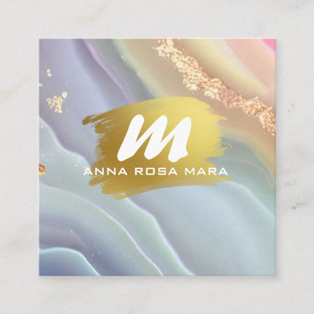 Tarjeta De Visita Cuadrada *~* QR Pastel AP66 Purpurina de oro Agate arcoíris (Anverso)