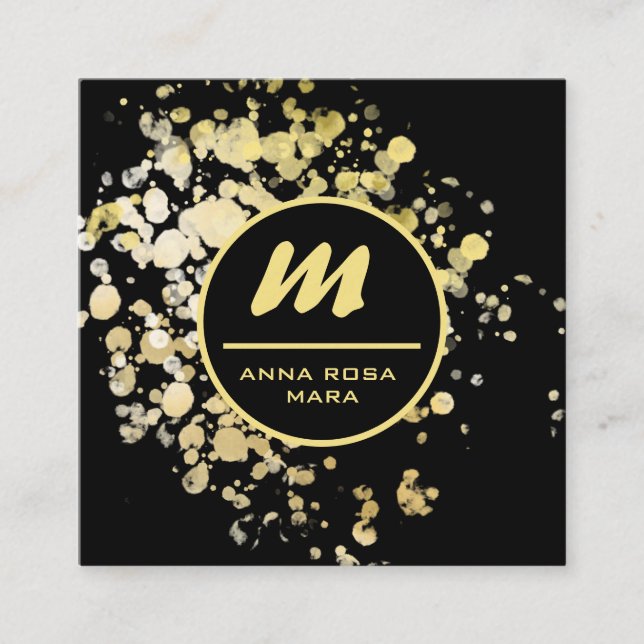Tarjeta De Visita Cuadrada *~* QR Purpurina de oro negro Dramático elegante A (Anverso)