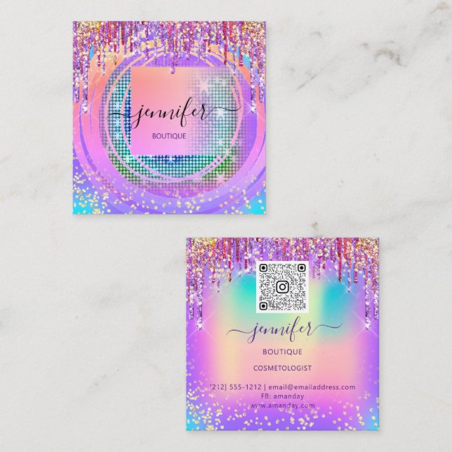 Tarjeta De Visita Cuadrada Radiant Elegance Golden Boutique Drip Holograph QR (Anverso / Reverso)