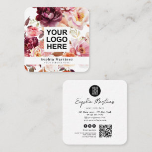 Tarjeta De Visita Cuadrada Ramo Floral Acuarela Burgundy & Logotipo Código QR