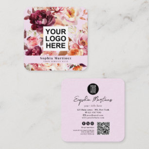 Tarjeta De Visita Cuadrada Ramo Floral Acuarela Burgundy & Logotipo Código QR