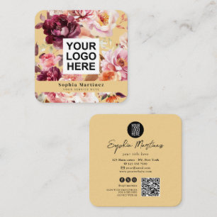 Tarjeta De Visita Cuadrada Ramo Floral Acuarela Burgundy y logotipo de código