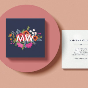 Tarjeta De Visita Cuadrada Ramo floral boho - azul marino - monograma
