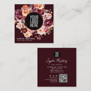 Tarjeta De Visita Cuadrada Ramo Floral Burgundy Acuarela & Logotipo Código QR