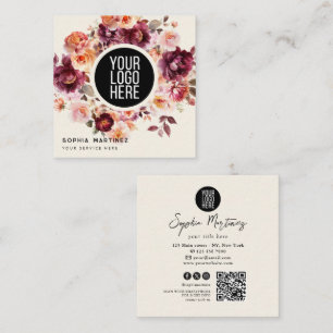 Tarjeta De Visita Cuadrada Ramo Floral Burgundy Acuarela & Logotipo Código QR