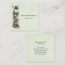 Tarjeta De Visita Cuadrada Rana con sombrero verde y trébol adorable