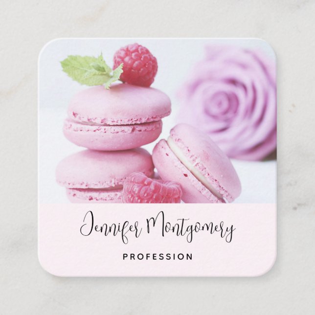 Tarjeta De Visita Cuadrada Raspberry rosa Macarons Pasta Francesa (Anverso)
