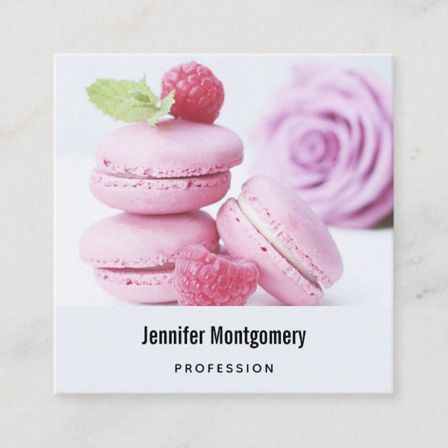 Tarjeta De Visita Cuadrada Raspberry rosa Macarons Pasta Francesa (Anverso)