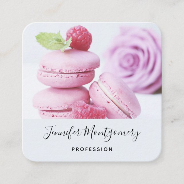 Tarjeta De Visita Cuadrada Raspberry rosa Macarons Pasta Francesa (Anverso)