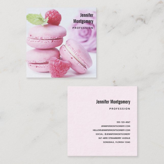 Tarjeta De Visita Cuadrada Raspberry rosa Macarons Pasta Francesa (Anverso / Reverso)